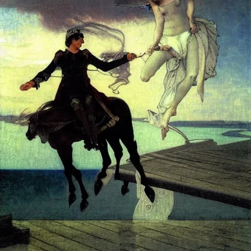 Image similar to Magician riding a horse leaving the castle through the bridge, thunderstorm, beach ocean on the background major arcana sky, by paul delaroche, alphonse mucha and arnold böcklin arnold böcklin hyperrealistic 8k, very detailed