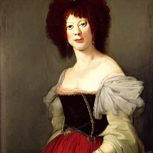 Prompt: portrait of a 40 years old women, dark red hair, green eyes, in medieval clothing, painting by Rosalba Carriera, Anton Mengs, Thomas Gainsborough, Élisabeth Vigée-Lebrun