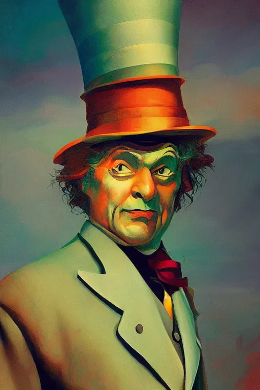 Image similar to Mr Hatter portrait in the wonder trash land Edward Hopper and James Gilleard, Zdzislaw Beksisnski, higly detailed