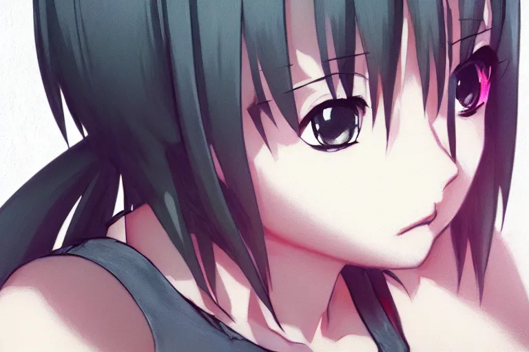 Prompt: sultry look in her eyes Yuffie Kisaragi close-up portrait looking straight on, complex artistic color pencil sketch illustration, full detail, gentle shadowing, fully immersive reflections and particle effects, chromatic aberration.