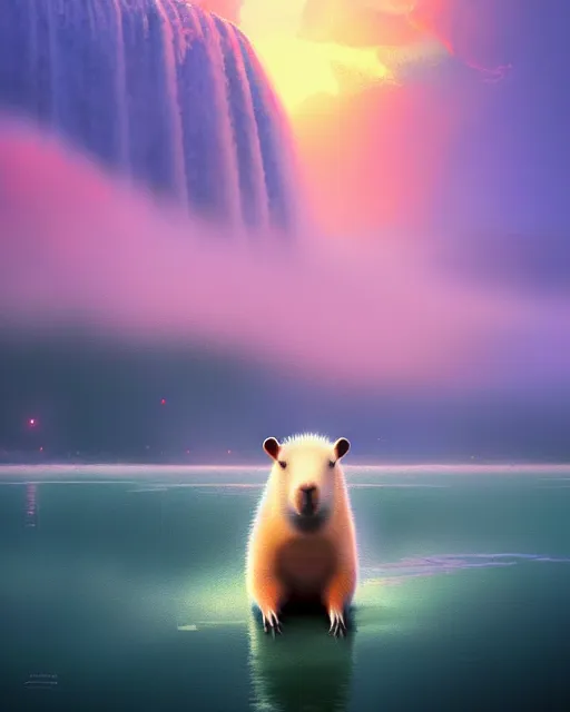 Image similar to white capybara at niagra falls, surreal photography, sunrise dramatic light, impressionist painting, colorful clouds, digital painting, artstation, kilian eng, john harris, bastien lecouffe - deharme, simon stalenhag, flower face