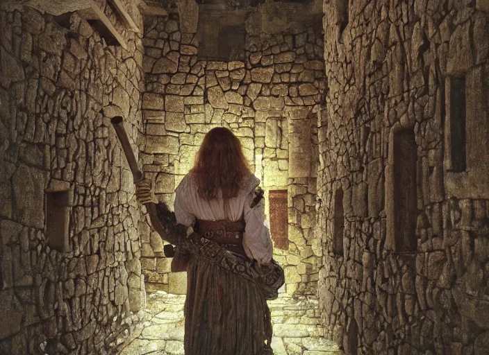 Prompt: jim henson's labyrinth. stone walls. you find a hole in the wall, like someone took a sledge hammer and just kept smashing as they walked forward. by edgar maxence and caravaggio and michael whelan and delacroix style, artistic, intricate painting, cinematic lighting, hyper realistic, extremely detailed, vivid colors, establishing shot, dramatic lighting