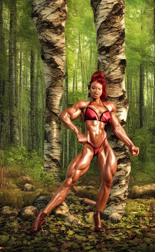 Prompt: photo of bodybuilder woman posing in birch forest in jeff koons hip hop bauhaus style, beautiful detailed face, ultra realistic, concept art, intricate details, serious, highly detailed, photorealistic, octane render, 8 k, unreal engine, art by todd mcfarlane