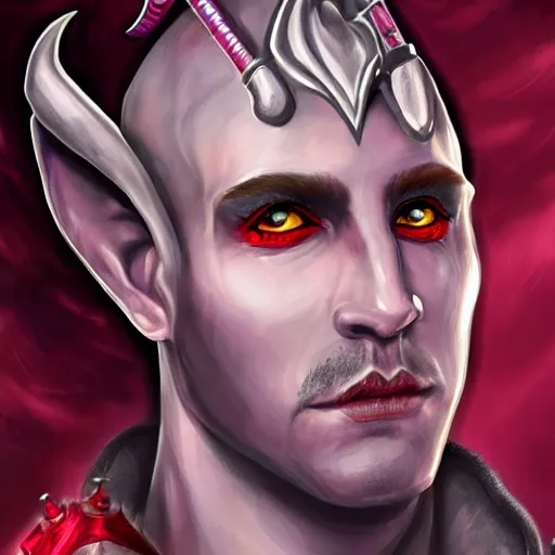 Prompt: detailed, symmetrical, close - up, airbrush art portrait of a male level 1 tiefling d & d bard | he has purple skin and red horns | background is black and red