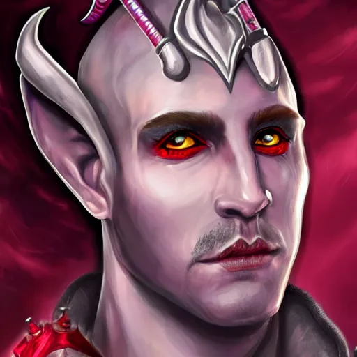 Image similar to detailed, symmetrical, close - up, airbrush art portrait of a male level 1 tiefling d & d bard | he has purple skin and red horns | background is black and red