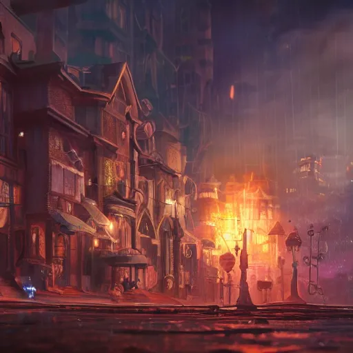Image similar to a steampunk town, robot, fire, ash, electricity lightning, furry, soft, concept art, sharp focus, intricate details, highly detailed, photorealistic, disney pixar, octane render, iridescent, anime, 8 k
