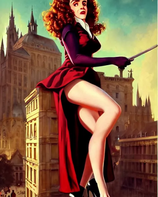 Prompt: pinup photo of hermione granger by emma watson in the crowded square of the city, by greg rutkowski, gil elvgren, enoch bolles, glossy skin, pearlescent, very coherent, flat