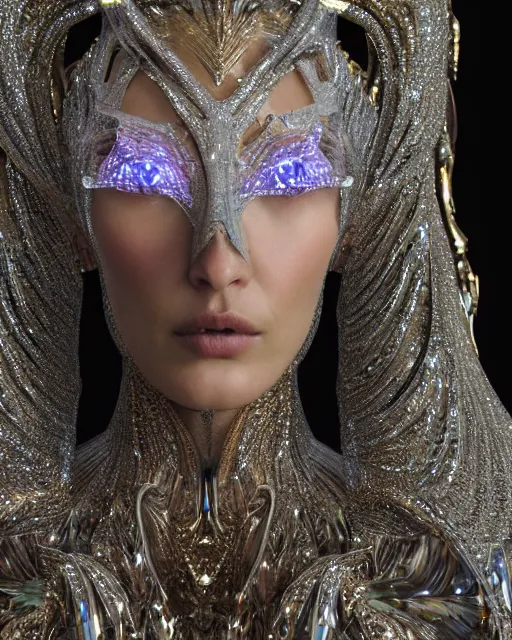 Prompt: a highly detailed metahuman 4 k close up render of an alien goddess bella hadid as jesus christ in iris van herpen dress schiaparelli in diamonds crystals swarovski and jewelry iridescent in style of alphonse mucha gustav klimt trending on artstation made in unreal engine 4