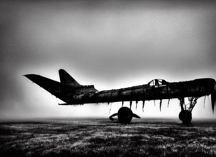 Image similar to black and white photograph of a crashed abandoned military jet in kansas city, rainy and foggy, soft focus