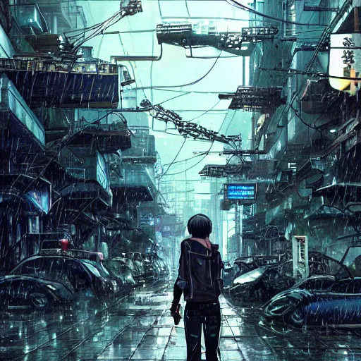 Image similar to mechanical android in overcrowded urban dystopia bustling city raining makoto shinkai