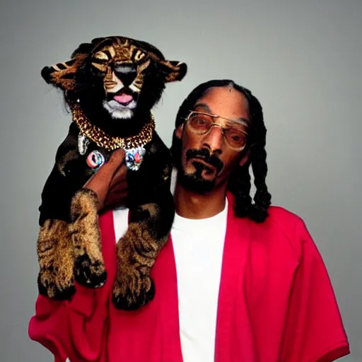 Image similar to Snoop Dogg holding a Lion for a 1990s sitcom tv show, Studio Photograph, portrait, C 12.0