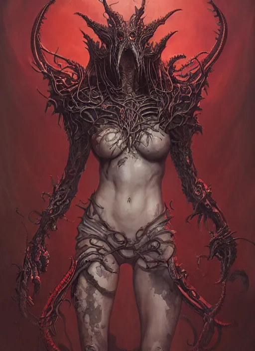 Prompt: a hyper detailed full body portrait of the queen of blades, diablo 4 lilith, sideshow figurines, cthulu, by dorian cleavenger, greg rutkowski, wlop, astri lohne, zdzisław beksinski trending on artstation