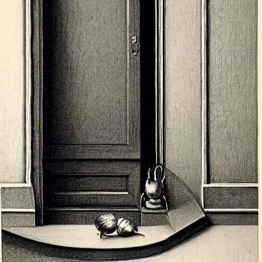 Prompt: snails on the stairs and door in style of vilhelm hammershoi, botanical illustration