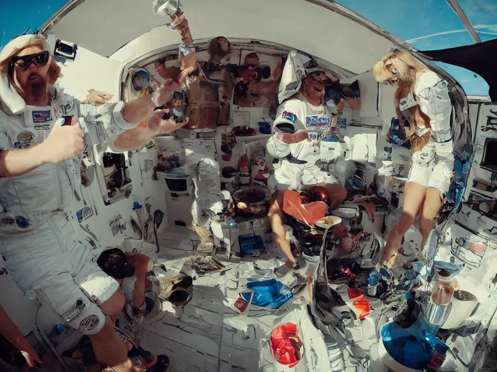 Image similar to redneck astronaut summer grillparty in trailer park, detailed, cinematic photo