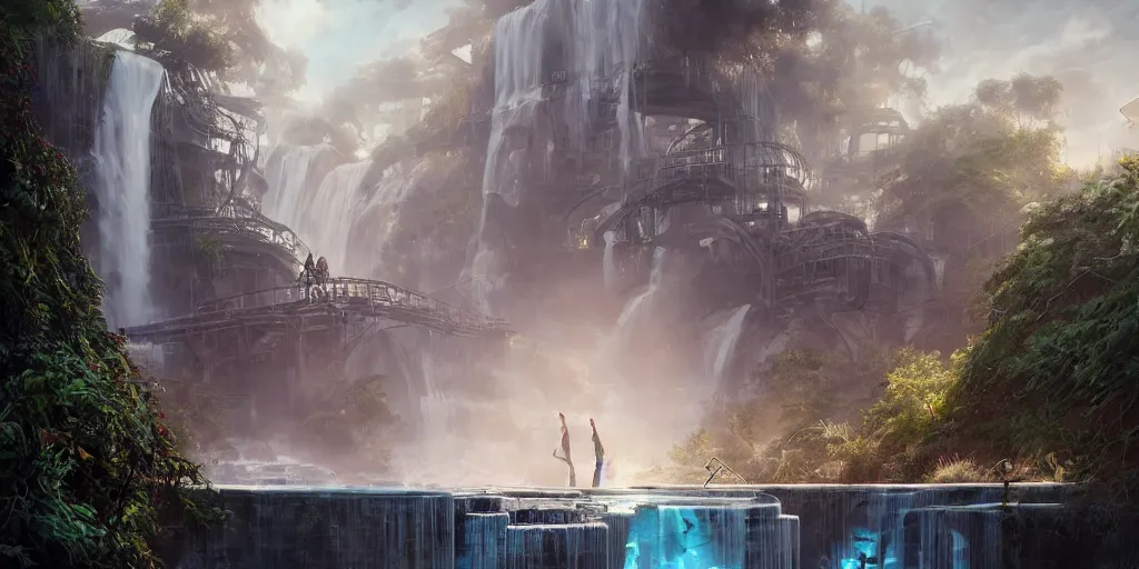 Prompt: beautiful pool waterfalls surrounded by alien robots, steel archways, industrial buildings, rusty metal towers, sun setting, ross tran, fantasy, james jean, peter morbacher, angelarium, alchemy, luxury, heavenly light, soft illumination, trending on artstation, cinematic lighting, digital painting, octane render, artgerm
