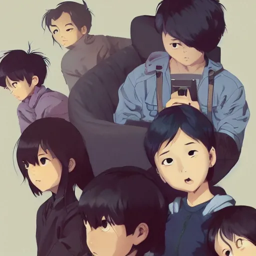 Image similar to four asian kids sitting around each with digital devices, dramatic, top down, comic cover style, by guweiz and wlop and ilya kuvshinov and artgerm and makoto shinkai and studio ghibli, symmetrical eyes, aesthetic, gorgeous, stunning, alluring, attractive, artstation, deviantart, pinterest, digital art