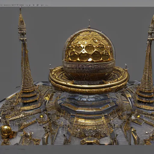 Image similar to hyper detailed hardsurface modelled 3 d geometry, houdini destruction of aminimalist design temple, tarnished gold sphere is far far in the distance, deep perspective, wide angle, insanely detailed and intricate,, eal, gold, silver red, paradise hospital environment,