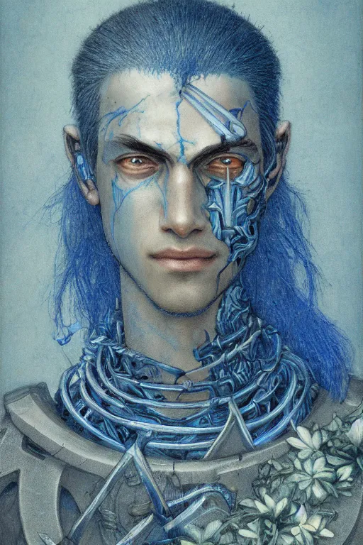 Image similar to portrait of beautiful young man, warhammer, japanic style, cyberpunk, a lot of scars, more and more flowers, blue head, the middle ages, highly detailed, artstation, illustration, art by jean delville, 8 k quality