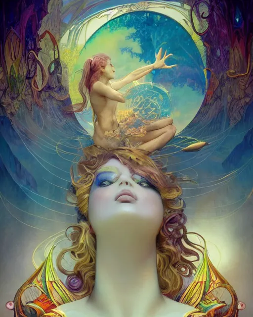 Prompt: the most wonderful fairy dream you ever had, coherent design, symmetry, concept art, trending on artstation vivid color, complementary color, golden ratio, detailed, sharp lines, intricate, rainbowshift, by james gurney, by brian froud, by peter mohrbacher, by alphonse mucha, by maxfield parrish, by karol bak, deviantart, octane render