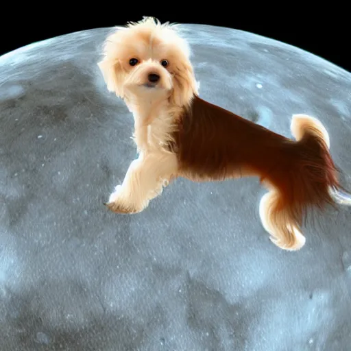 Prompt: a photorealistic closeup image of a cute brown colored long haired chihuahua cocker spaniel dog playing with a happy white bichon frise puppy on the moon. brightly lit. extreme detail. unreal engine