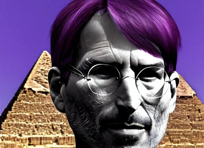 Image similar to steve jobs, a boy with purple hair and cat ears in front of the pyramids, hyperrealism, intricate, 8 k, high detail