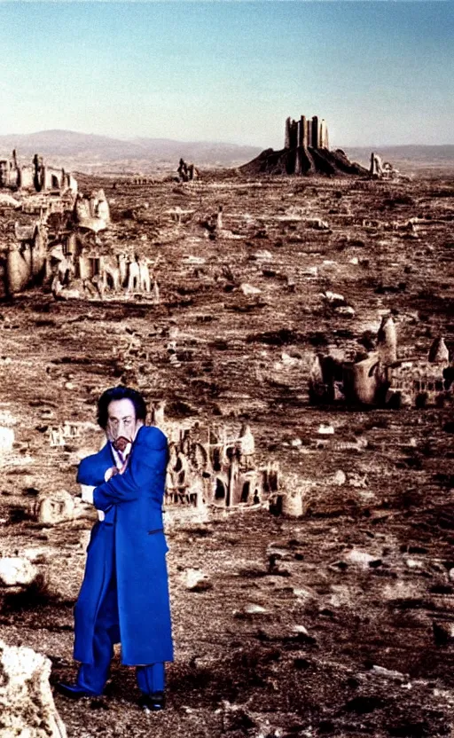 Prompt: salvador dali wearing a great crown with blue jewels in a dry rocky desert landscape, visible sky and sunny atmosphere, alien city ruins in the background, film still from the movie by alejandro jodorowsky with cinematogrophy of christopher doyle and art direction by hans giger, anamorphic lens, kodakchrome, very detailed photo, 8 k