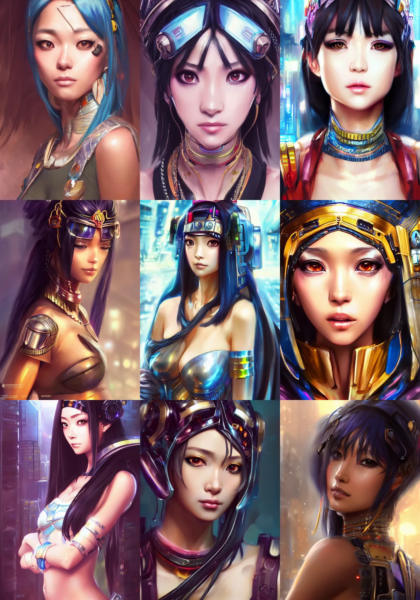 Prompt: A realistic anime portrait of a Aya Ueto as Cyberpunk Cleopatra, digital painting, by Stanley Artgerm Lau, Sakimichan, WLOP and Rossdraws, digtial painting, trending on ArtStation, SFW version