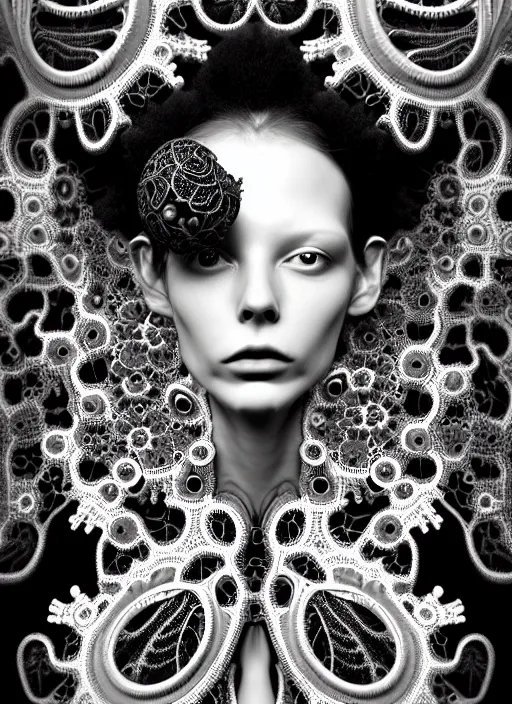 Image similar to surreal black and white photo portrait of complex bio-mechanical beautiful young female vegetal-cyborg with a Mandelbrot fractal metal fine lace face, curled silver hair, 150 mm lens, soft rim light, fine metal floral foliage super big lace collar by Alexander McQueen, high fashion, haute couture, rococo, steampunk, silver filigree details, anatomical, facial muscles, cable wires, microchip, elegant, hyper realistic, octane render, unreal engine, in the style Dora Maar, volumetric lighting, 8k,