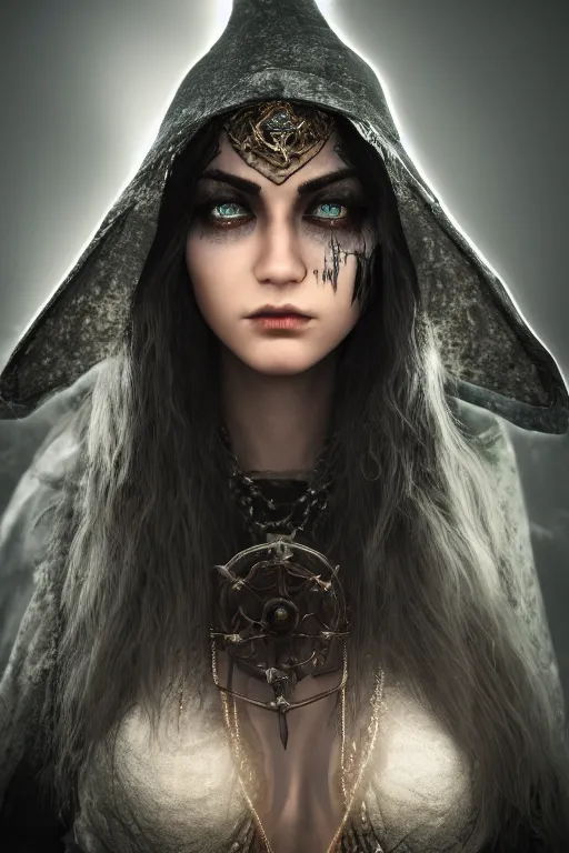 Prompt: highly detailed full body character art of a high fantasy sorceress eyes covered by a pointy mage hat, full body, highly detailed, photo realistic, dark fantasy atmosphere, foggy, 8K, octane render, unreal engine