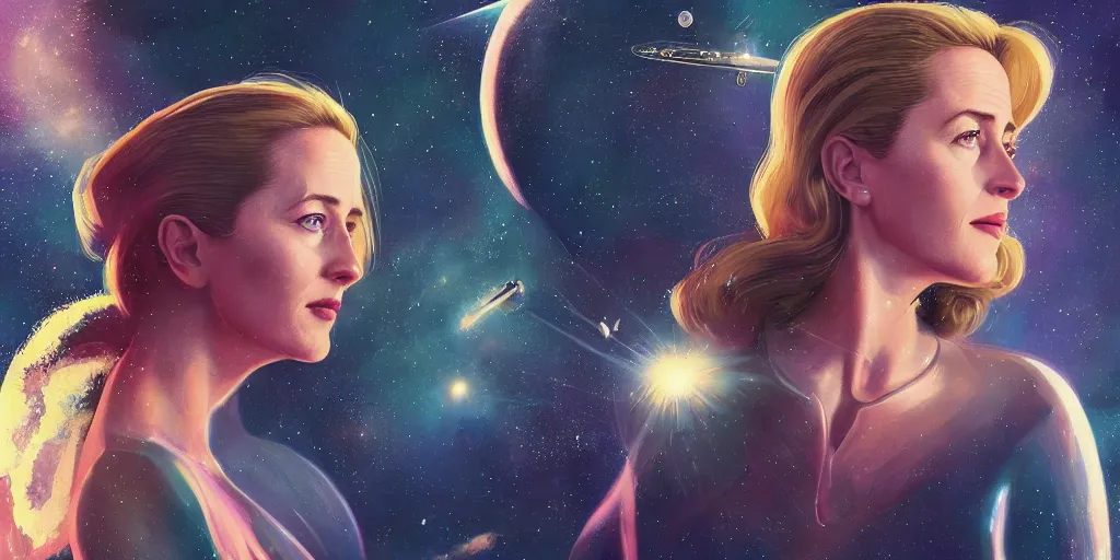 Prompt: Young Gillian Anderson as a stunning , beautiful retro SCI-FI space heroine 1985 , movie poster, intricate, elegant, highly detailed, centered, digital painting, trending on artstation, concept art, smooth, sharp focus, illustration, art by raphael lacoste ,eddie mendoza ,alex ross, WLOP