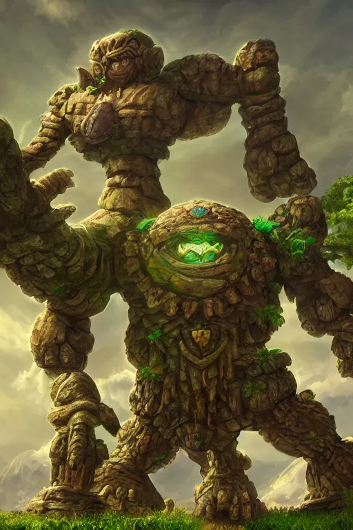 Image similar to zelda fantasy art giant golem troll wood rock greeble gemstone, global illumination ray tracing hdr fanart arstation by sung choi and eric pfeiffer and gabriel garza and casper konefal