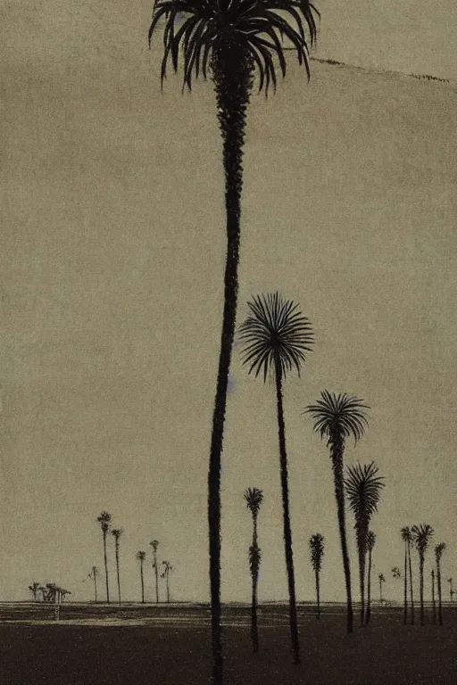 Image similar to southern california palm trees! empty parking lot painted by beksinski