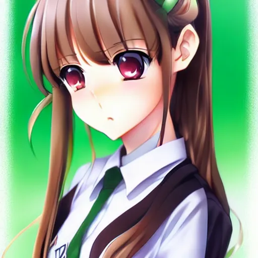 Image similar to beautiful anime high school girl, complete body view, brown hair, ponytail, white ribbon, green eyes, full perfect face, slightly smiling, detailed school background, drawn by Artgerm, Sasoura, Satchely, no distorsion