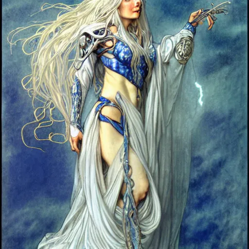 Prompt: half - length portrait of a female lightning genasi with blue skin and white hair made of sirrus clouds, wearing billowing white robes, holding a bolt of lighting, medieval, fantasy, d & d, luis royo, klimt, alphonse mucha