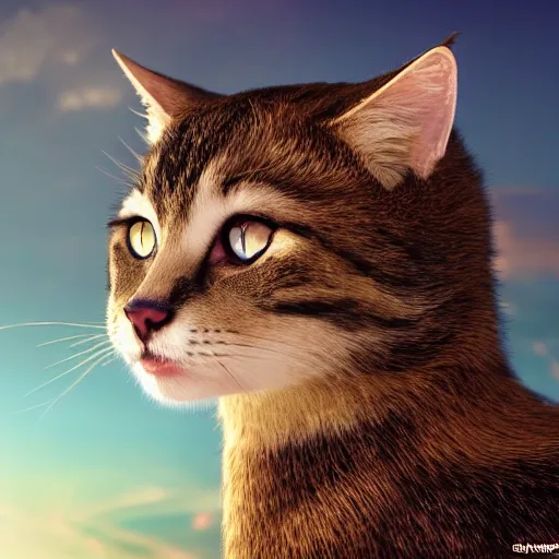 Image similar to a beautiful lady cat creature is hoping for a better future. close - up, beautiful sky, volumetric lighting, sharp focus, ultra detailed, cgsociety - w 1 0 2 4 - n 8 - i