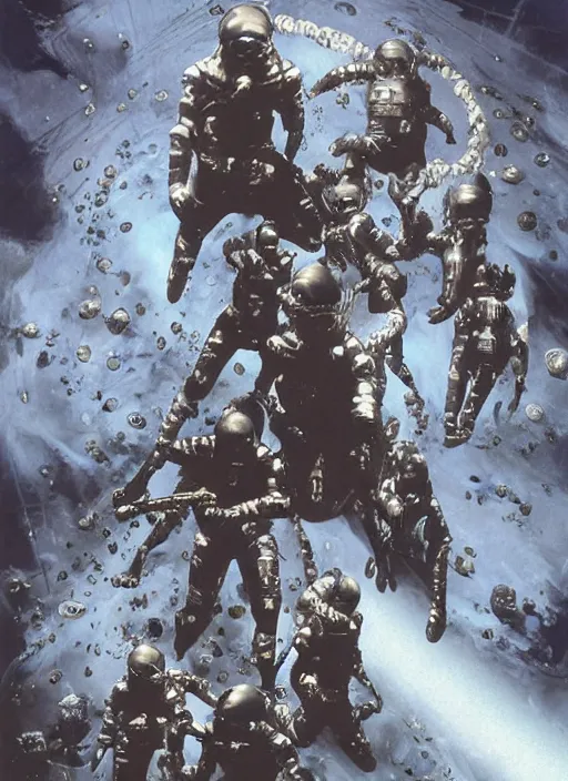 Image similar to astronauts in dark void underwater - complex and hyperdetailed technical suit. reflection and dispersion materials. rays and dispersion of light. volumetric light. f / 3 2. noise film photo. flash photography. ultra realistic, wide angle. poster by wayne barlowe, hajime sorayama aaron horkey, craig mullins