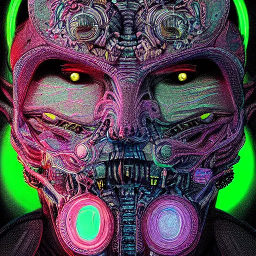 Prompt: ancient neon monster portrait, intricate artwork by josan gonzalez, artgerm, h. r. giger, kilian eng, very coherent artwork, cinematic, hyper realism, vibrant, octane render, unreal engine, 8 k, high contrast, higly detailed black ink outline