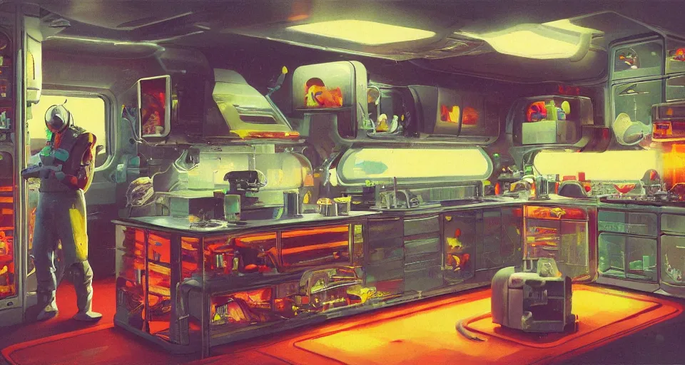 Prompt: IKEA catalogue photo of a cyberpunk kitchen on a spaceship, by Paul Lehr