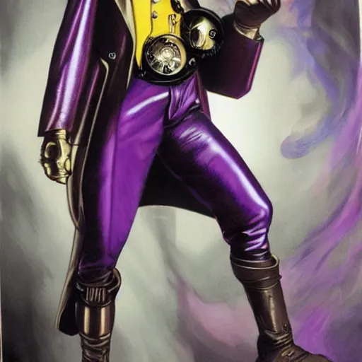 Image similar to steampunk android that emits purple fog, by alex ross