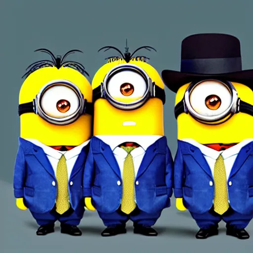 Image similar to three minions standing on top of eachother wearing a trenchcoat and a fedora, pretending to be an adult businessman