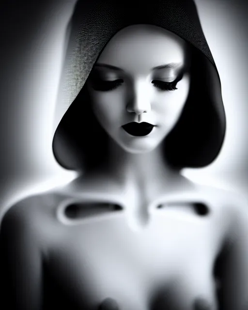 Prompt: black and white dreamy young beautiful female artificial intelligence with a techno crown, cinematic, rim light, bokeh, photo - realistic, elegant, high detail, 8 k, masterpiece, photo taken in 1 9 3 0