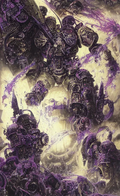 Prompt: epic omnious academic drawing of a heroic but corrupted wh40k heretic marine having his consciousness uploaded into iridescent warp by Slaanesh his Highness the chaotic androgynous deity in solemn golden and marble slaaneshite temple by James Gurney, Zdislaw Beksinski, Alex Gray, Greg Rutkowski, Robert McCall