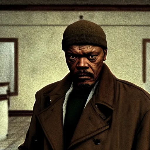 Image similar to film by tarkovsky, stalker style, pulp fiction movie, highly detailed, photorealistic, full - body, samuel l jackson posing in cafe, perfect symmetrical eyes, 8 k resolution, digital art, hyper realistic