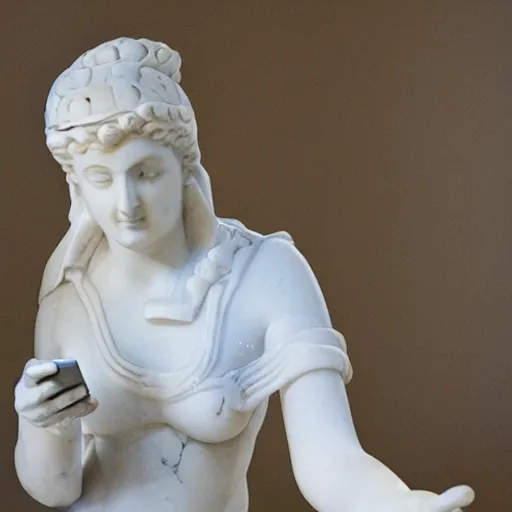 Prompt: greek marble statue of a woman on her phone