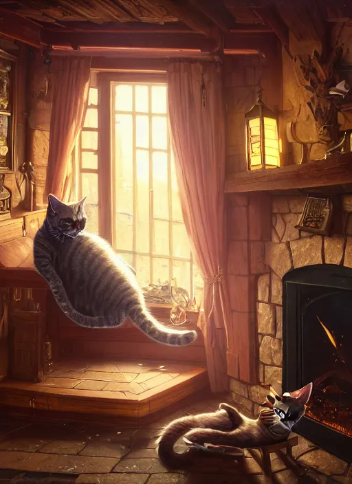 Image similar to highly detailed portrait of a cat sleeping near a fireplace inside a tavern, stephen bliss, unreal engine, greg rutkowski, loish, rhads, beeple, makoto shinkai and lois van baarle, ilya kuvshinov, rossdraws, tom bagshaw, tom whalen, alphonse mucha, global illumination, god rays, detailed and intricate environment