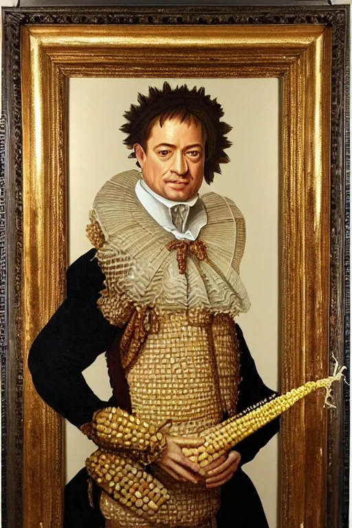 Image similar to a 1 6 0 0 s framed portrait painting of brendan fraser holding corn, intricate, elegant, highly detailed