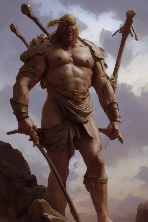 Image similar to ancient historically accurate depiction of the Bible Character Goliath of Gath, the Philistine warrior giant by frank miller, illustration by Ruan Jia and Mandy Jurgens and William-Adolphe Bouguereau, Artgerm, 4k, digital art, surreal, space dandy style, highly detailed, godsend, artstation, digital painting, concept art, smooth, sharp focus, illustration by Ruan Jia and Mandy Jurgens and William-Adolphe Bouguereau, Artgerm