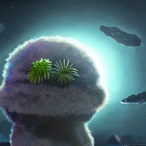 Prompt: cute fluffy alien on planet with craters and unusual plants detailed painting 4k