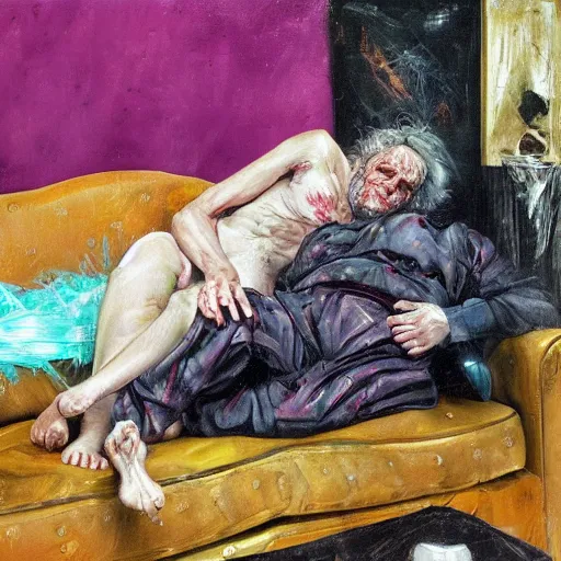 Image similar to high quality high detail painting of a old dead couple on a couch in a soviet apartment by lucian freud and jenny saville and francis bacon and malcom liepke and nicola samori, hd, anxiety, turquoise and purple and orange and pink, dark atmosphere