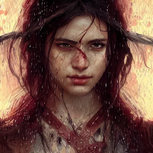 Image similar to portrait of a female warrior bruised and bleeding, raining, lightning strike in the background, intricate, headshot, highly detailed, digital painting, artstation, concept art, sharp focus, cinematic lighting, illustration, art by artgerm and greg rutkowski, alphonse mucha, cgsociety